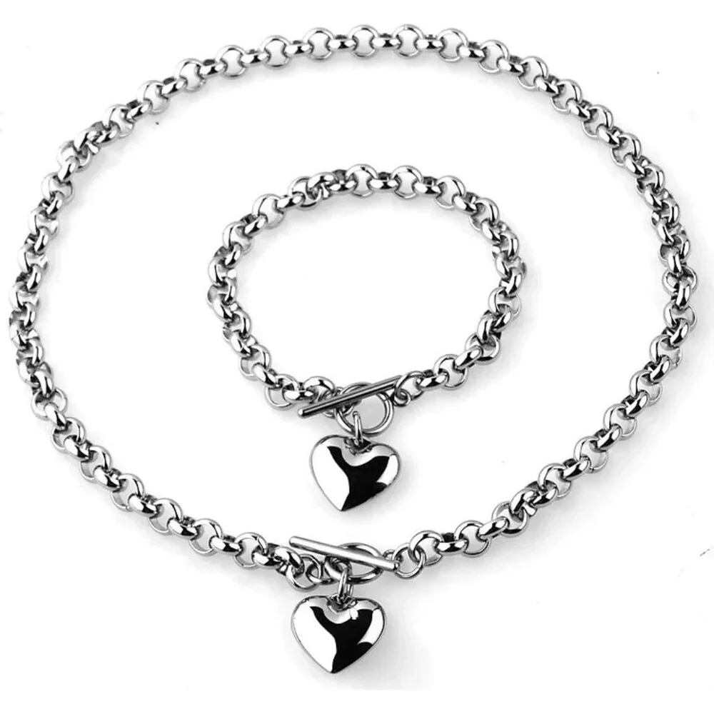 💕 2pc Heart Charm Necklace & Bracelet Set Silver Tone Chain Mother’s Day Gift - Picture 3 of 8